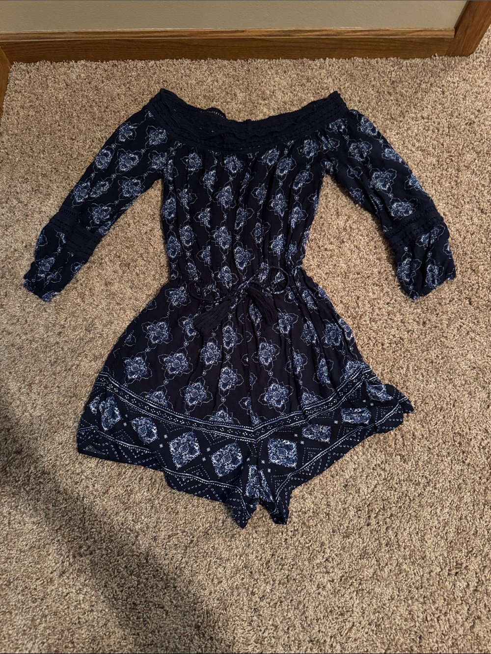Hollister Off-Shoulder Navy Blue Paisley Romper